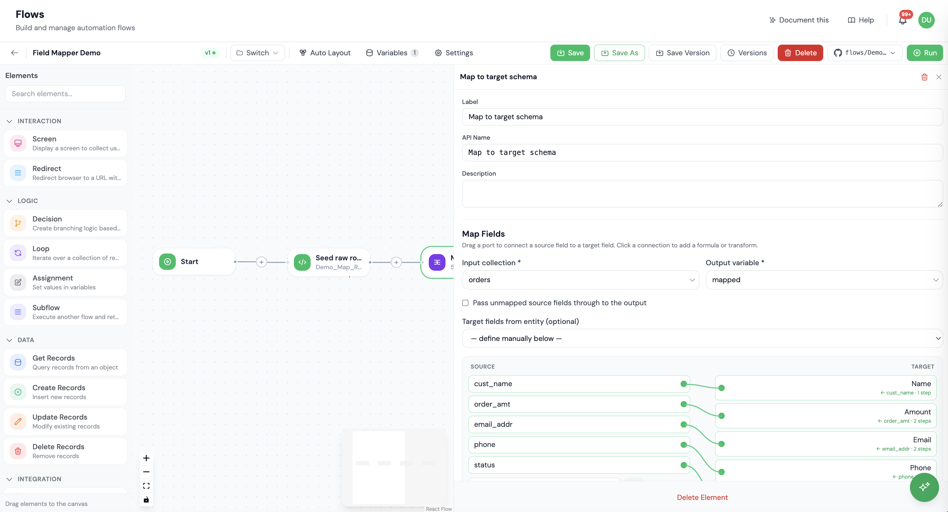 Woork Flow Builder, field mapper transforming source fields to a target schema