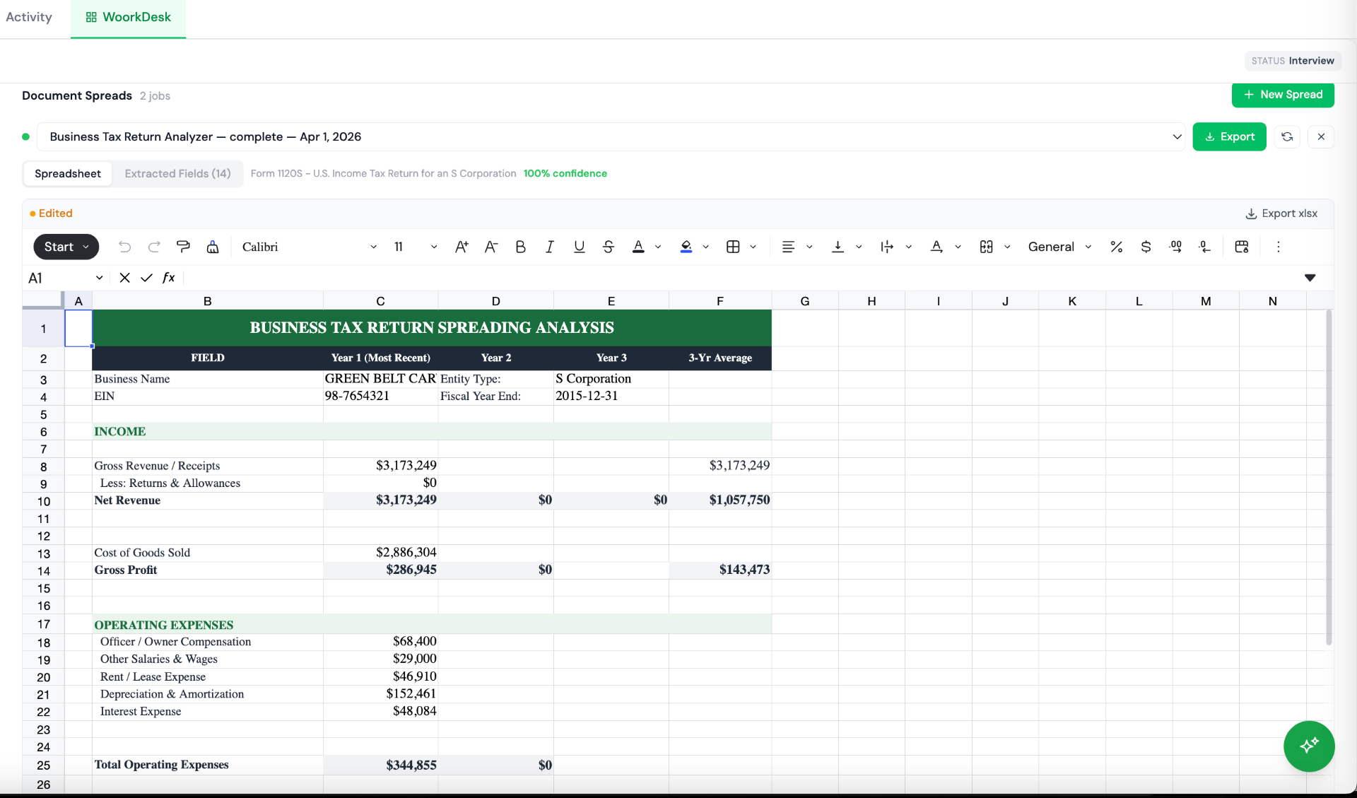 Woork Spreads, Business Tax Return Spreading Analysis with AI extraction